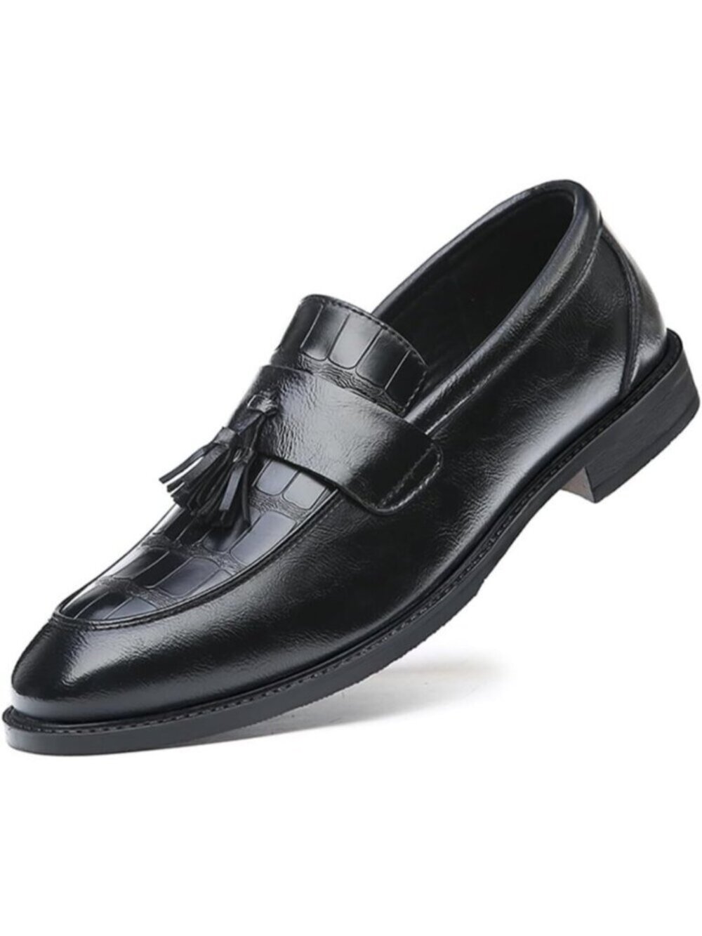 Men's Black Crocodile Print Tassel Slip On Loafers Business Formal Dress Shoes